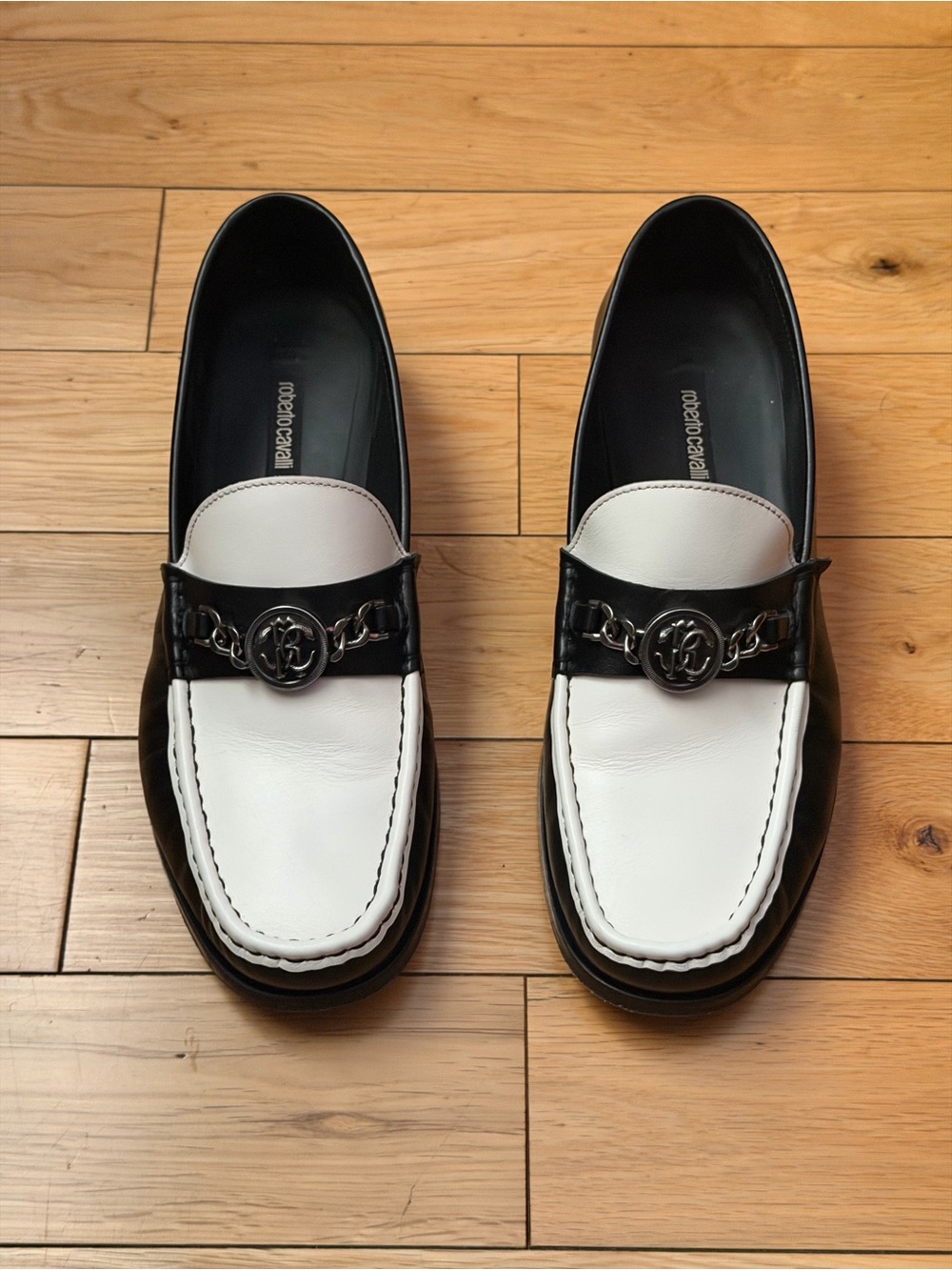 Roberto Cavalli Black and White Leather Loafers